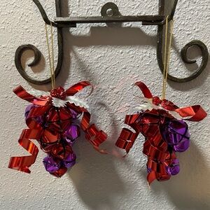 Set Of 2 Christmas Jingle Bells Grape Cluster Ornaments Red & Purple 5.5” long